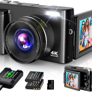 4K Digital Camera for Photography, UHD Autofocus 48MP 180° Flip Screen 16X Zoom Compact Point Shoot Vlogging Camera for YouTube with 2 Batteries, 32GB Card (Black)