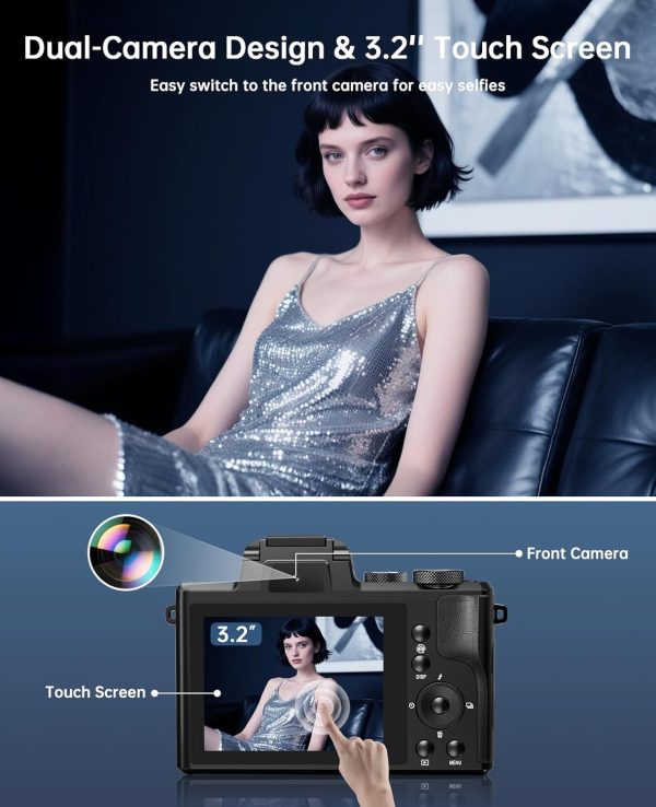 8K Digital Cameras for Photography - Autofocus 88MP WiFi Vlogging Camera for YouTube with Dual-Lens - 16X Digital Zoom Vlog Camera with Lens Hood, Flash, Touch Screen, 2 Batteries, 32GB TF Card - Image 4
