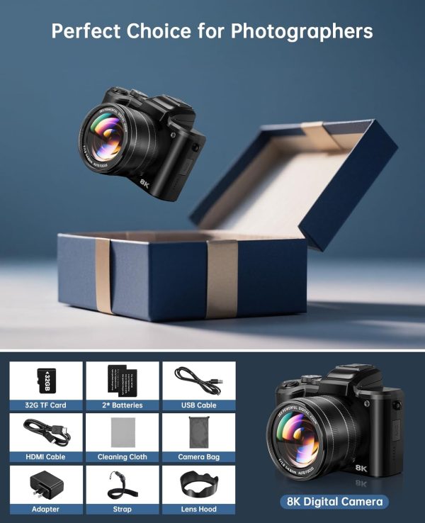 8K Digital Cameras for Photography - Autofocus 88MP WiFi Vlogging Camera for YouTube with Dual-Lens - 16X Digital Zoom Vlog Camera with Lens Hood, Flash, Touch Screen, 2 Batteries, 32GB TF Card - Image 8